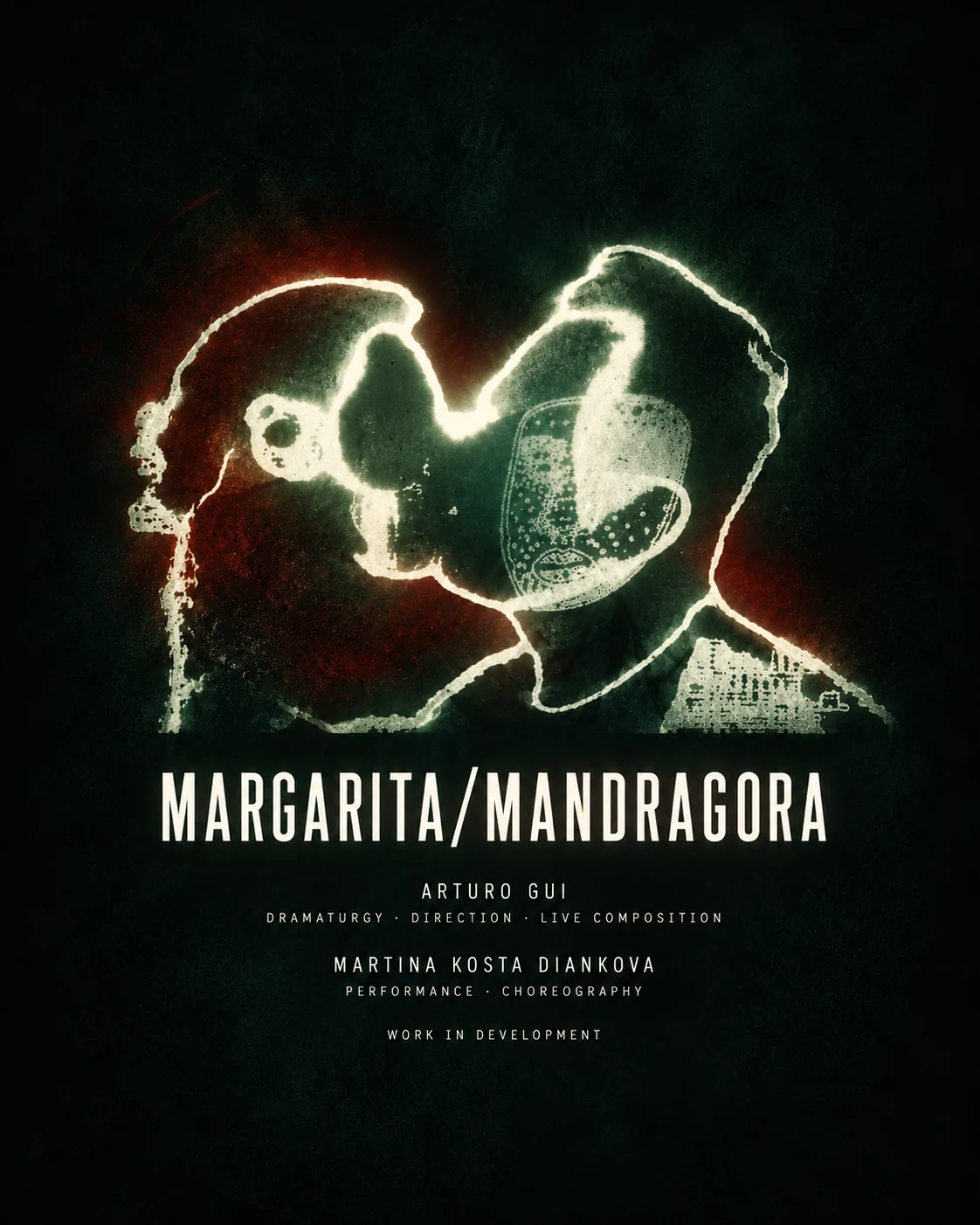 MARGARITA/MANDRAGORA concept poster using the supplied doubled-profile kissing visual effect, in dark green, bone-white and burnt red
